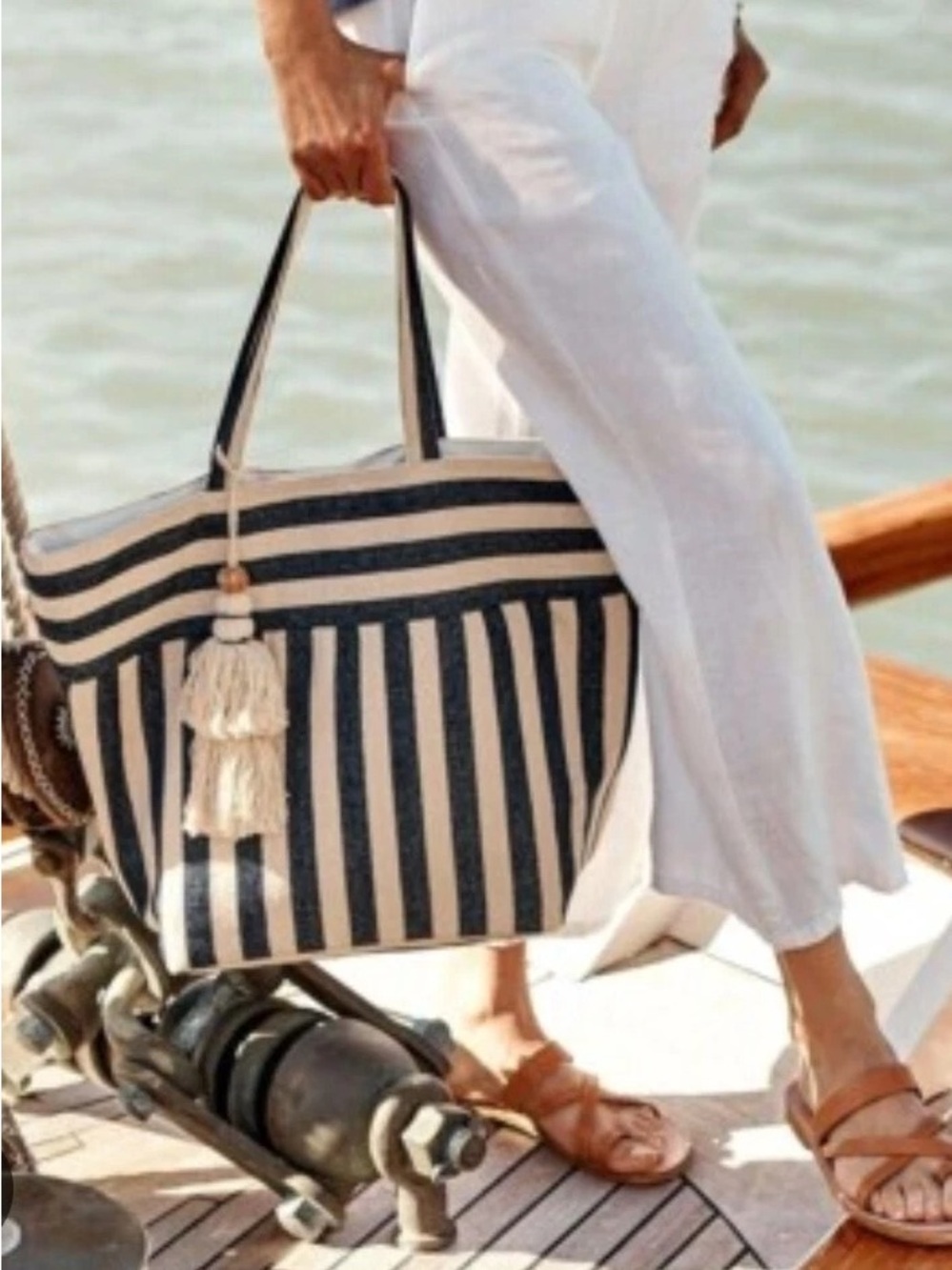 J.Jill Navy & White Striped Woven Tote Bag with Boho Tassel